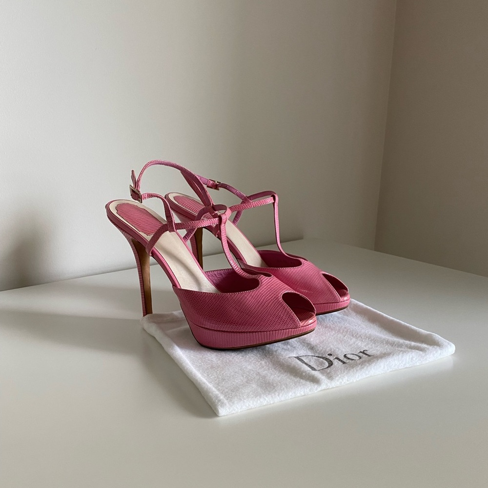 Dior Pink Lizard Embossed Peep Toe Platform Sandals